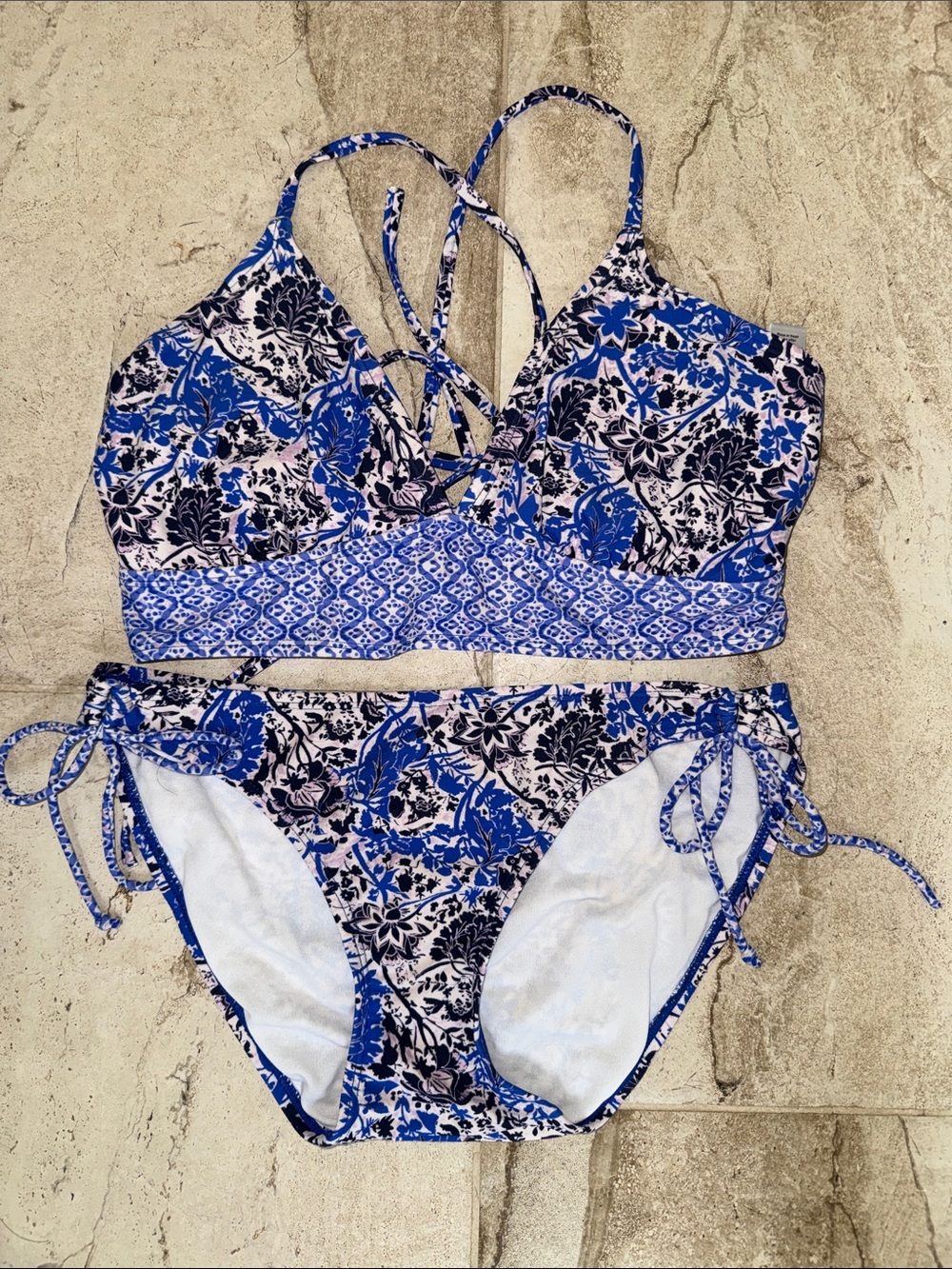 Athleta Blue Floral Lace-Up Bikini Set Large Top & Medium Bottom
